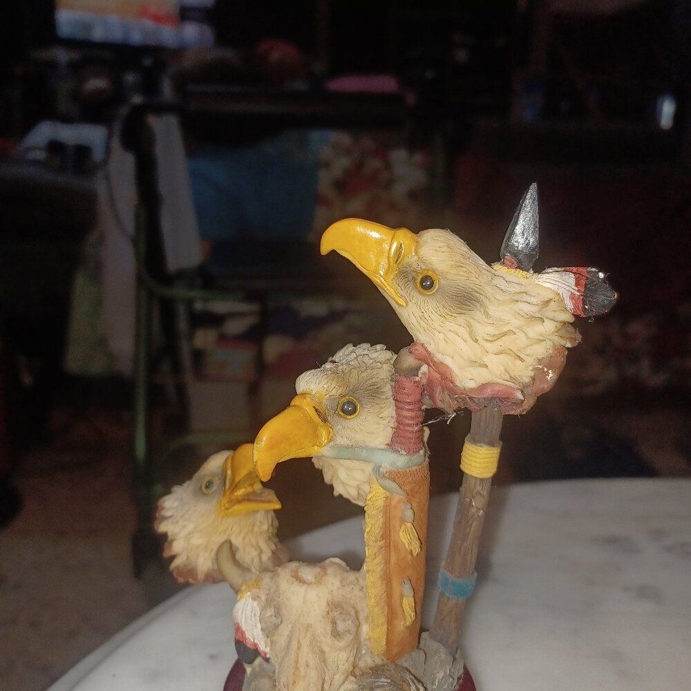 Eagles (3) Heads Resin Figurine About 6" x 2.5" on wooden stand